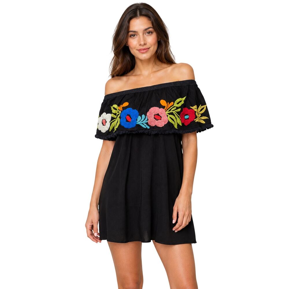 Judith march sz S off the shoulder 3D applique floral tunic dress summer girly
